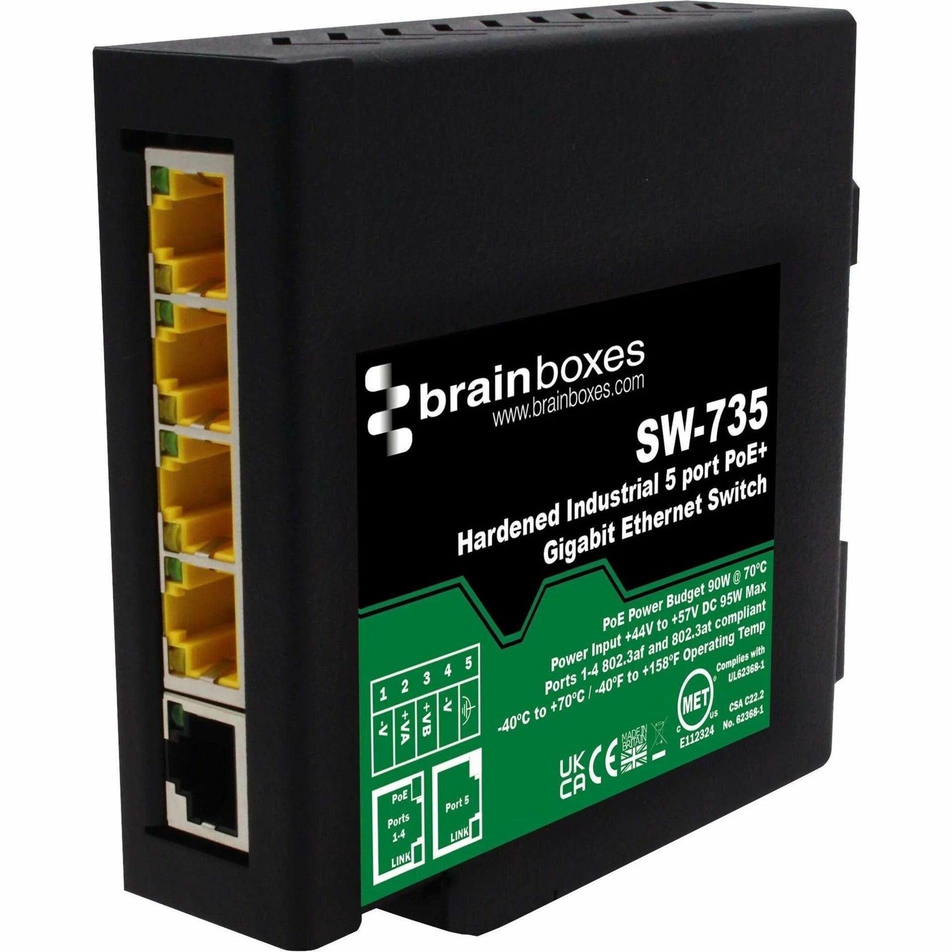 Front view of Brainboxes SW-735 industrial ethernet switch showing 5 ports and product labeling-alternate-image1