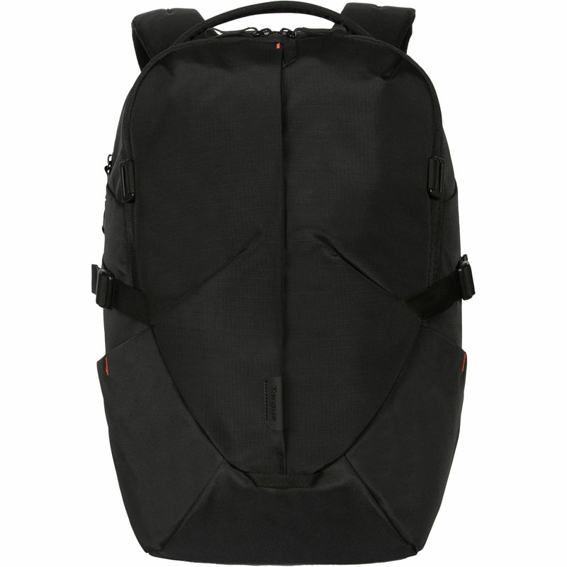 Front view of black Terra EcoSmart backpack showing geometric panel design