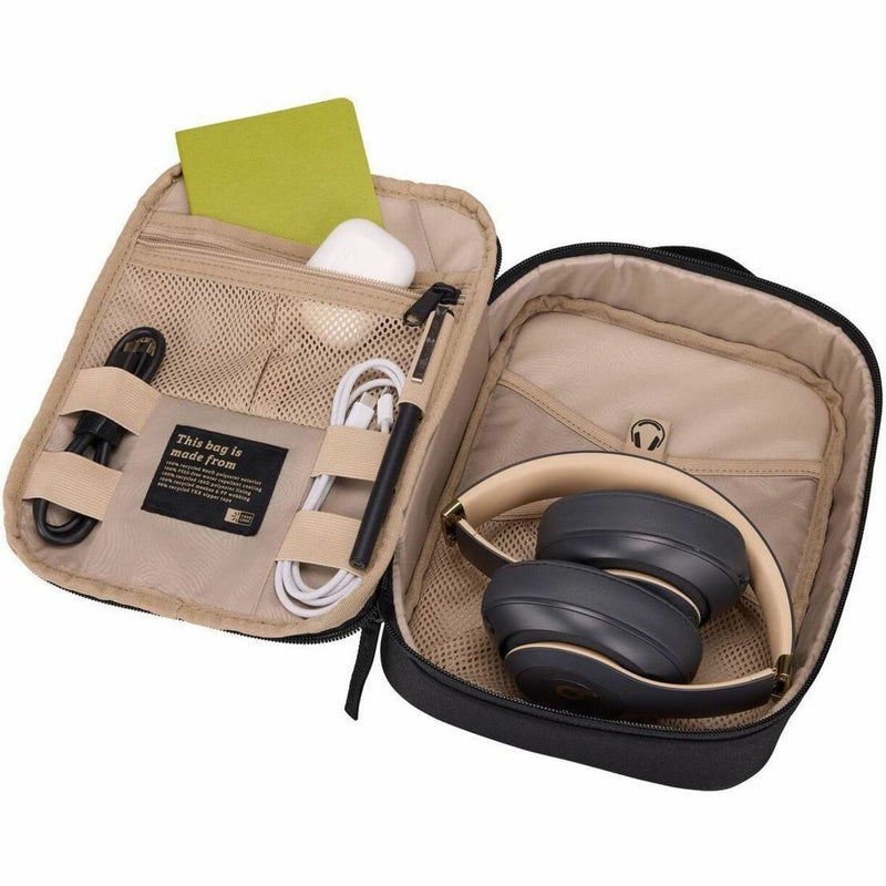 Open view of Case Logic electronics case interior showing organization compartments with headphones and accessories