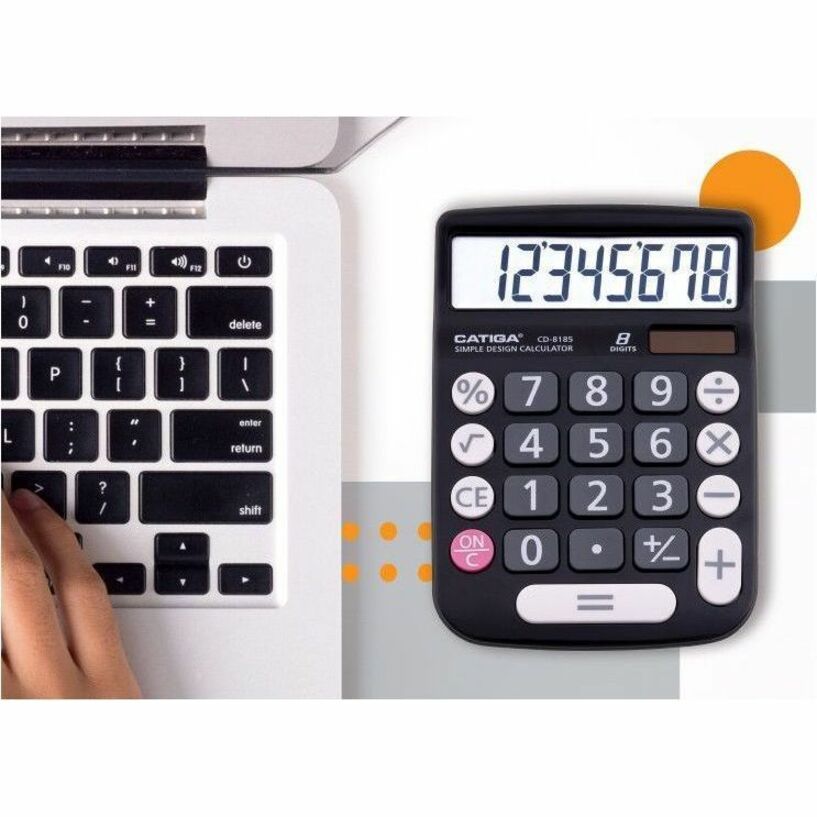 Adesso CD-8185B calculator positioned next to a laptop keyboard showing workspace integration-alternate-image2