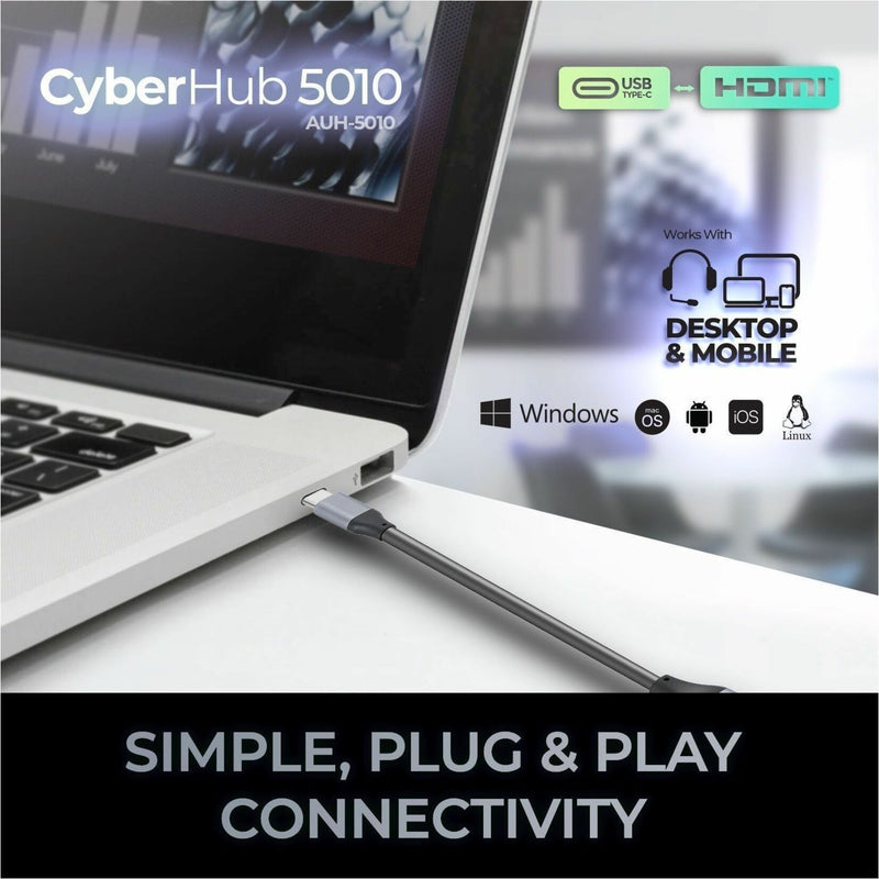 Image showing CyberHub 5010 connected to laptop with multiple OS compatibility icons