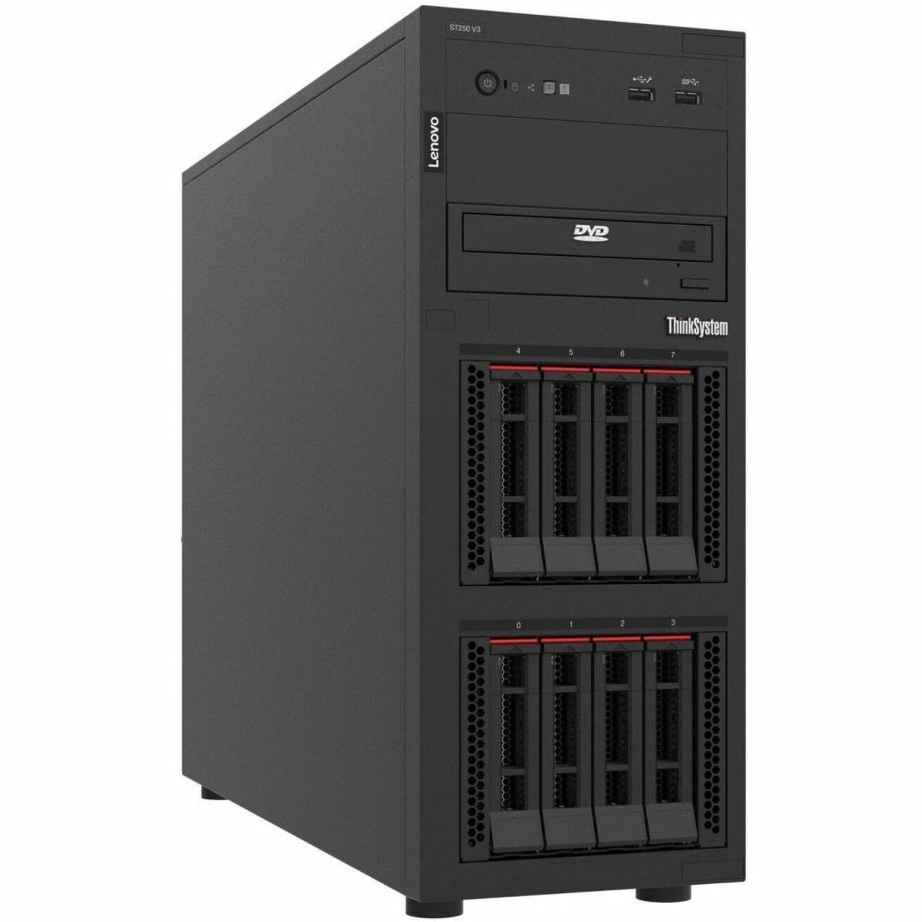 Front view of Lenovo ThinkSystem ST250 V3 server showing hot-swappable drive bays and front I/O panel-alternate-image1