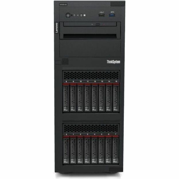 Direct front view of Lenovo ThinkSystem ST250 V3 showing dual arrays of hot-swappable drive bays-alternate-image2