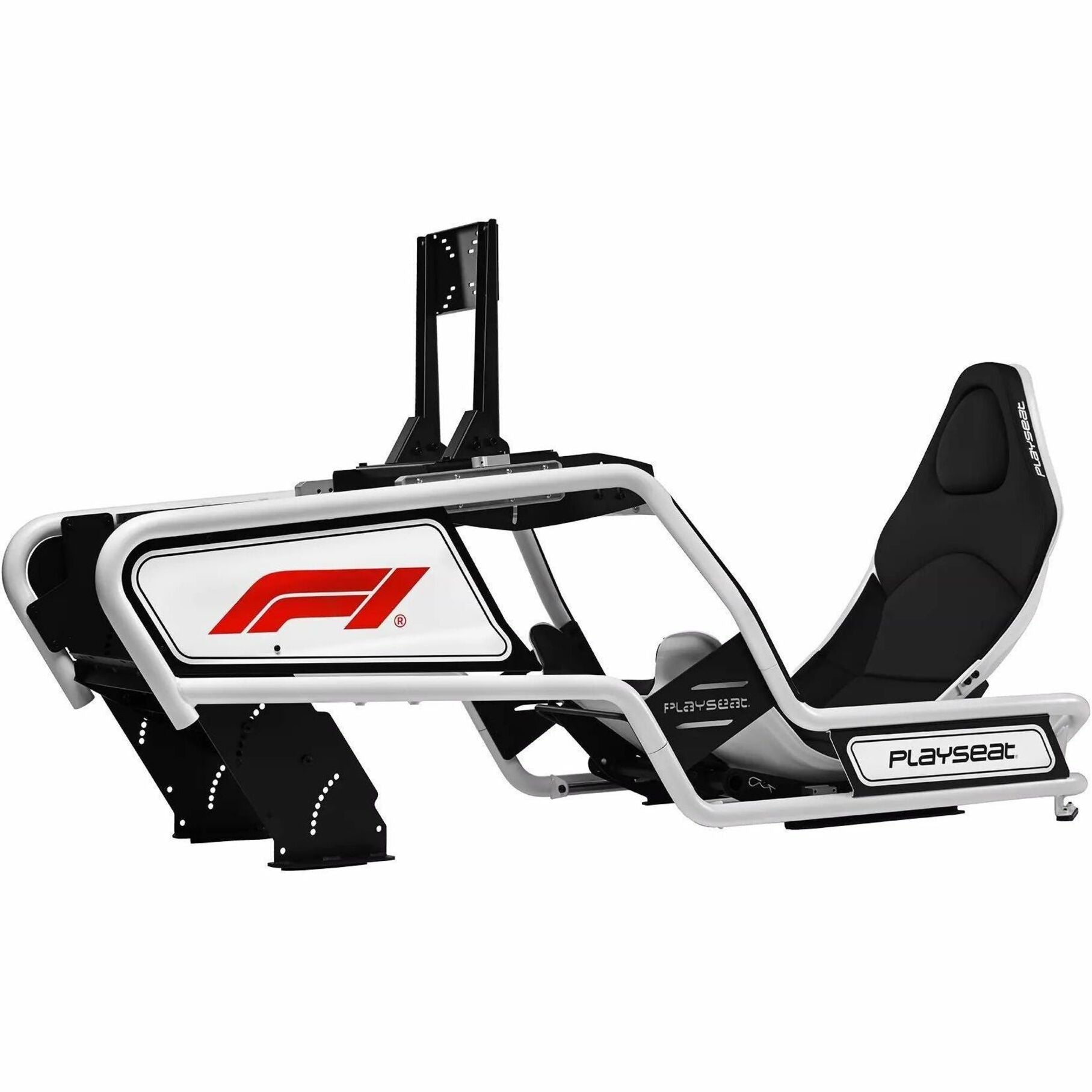 Side view of Playseat Formula Intelligence racing simulator cockpit in white and black with F1 logo-alternate-image1