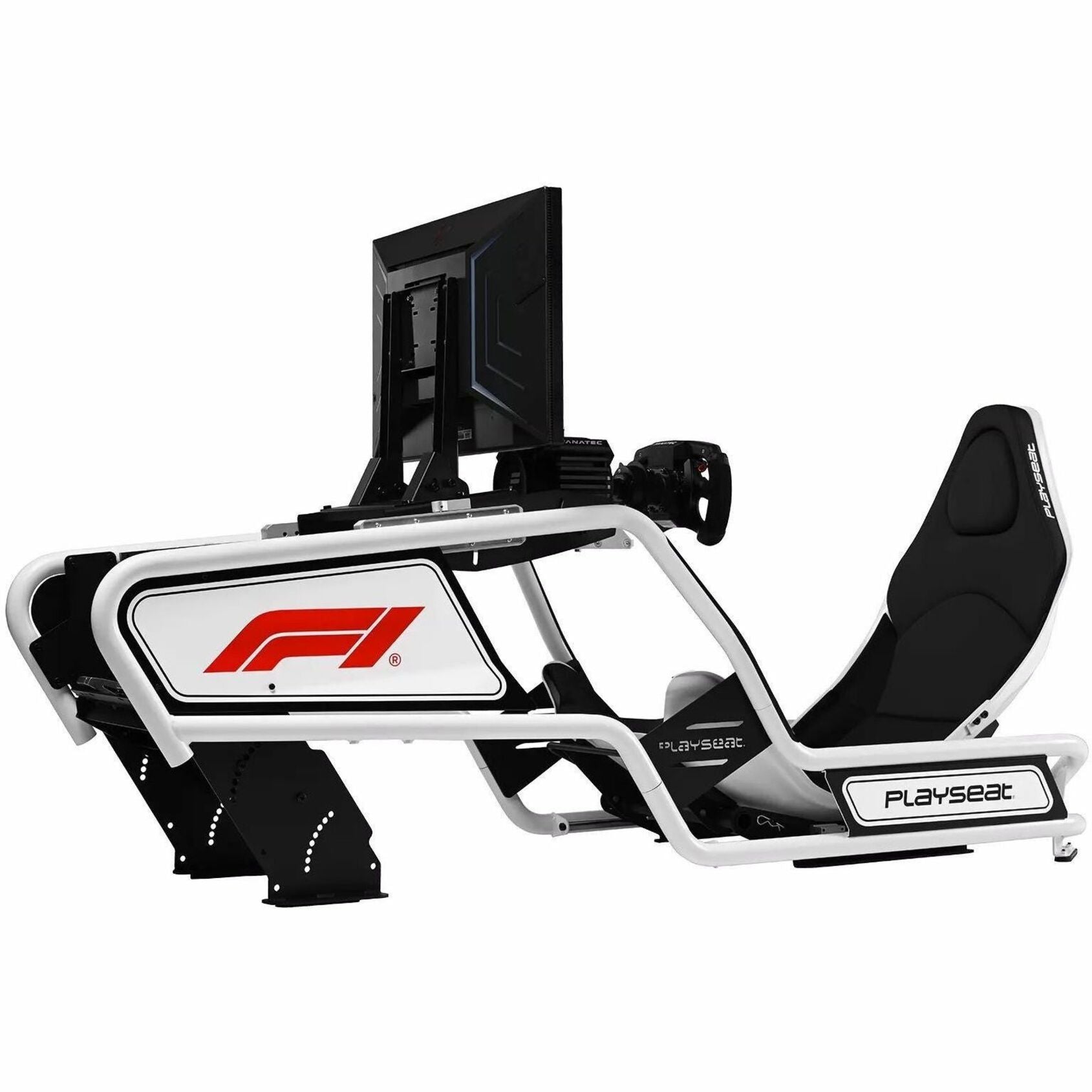 Side view of complete Playseat Formula Intelligence setup with monitor mount and racing wheel-alternate-image7