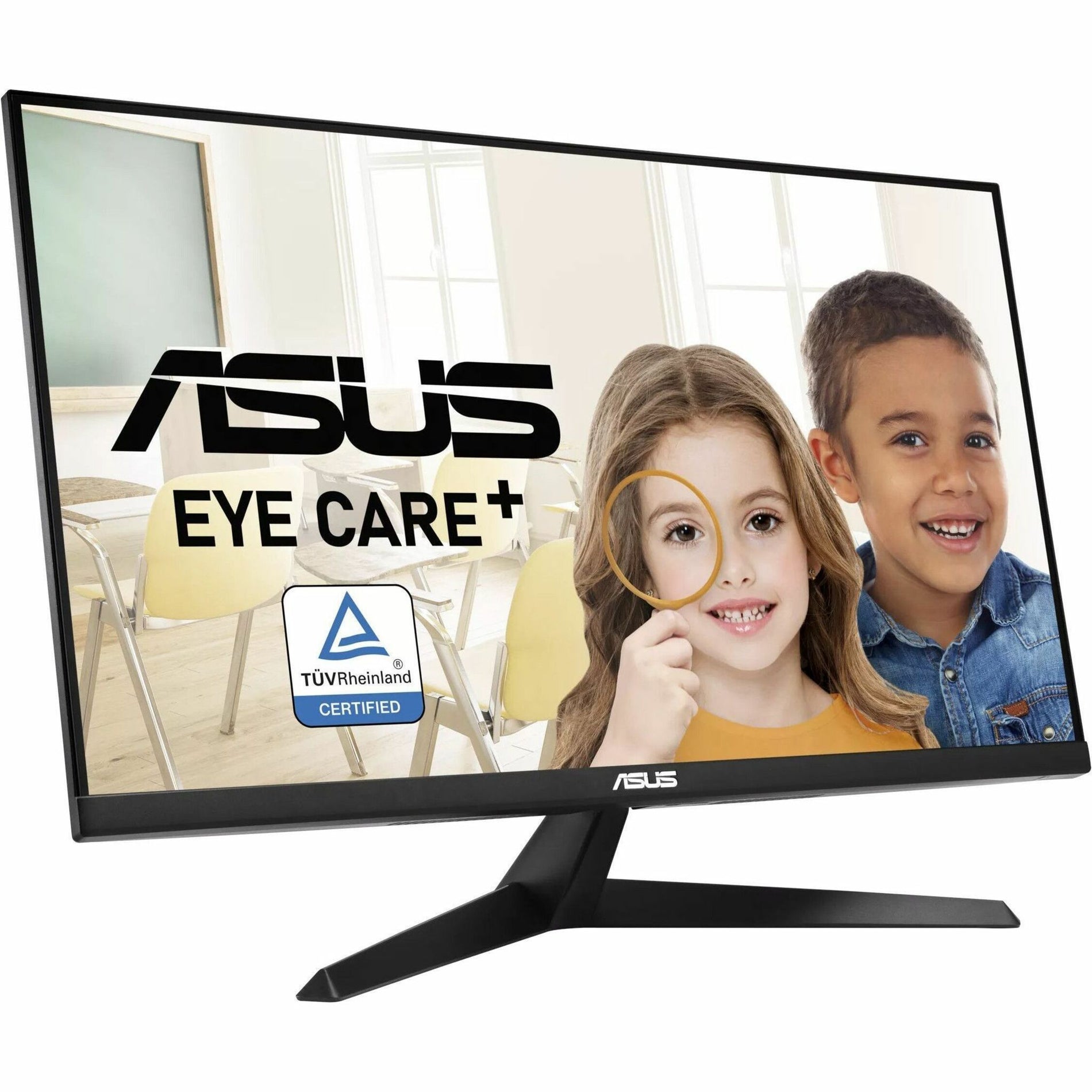 ASUS VY27UQ monitor displaying Eye Care+ certification with TÜV Rheinland logo-alternate-image1