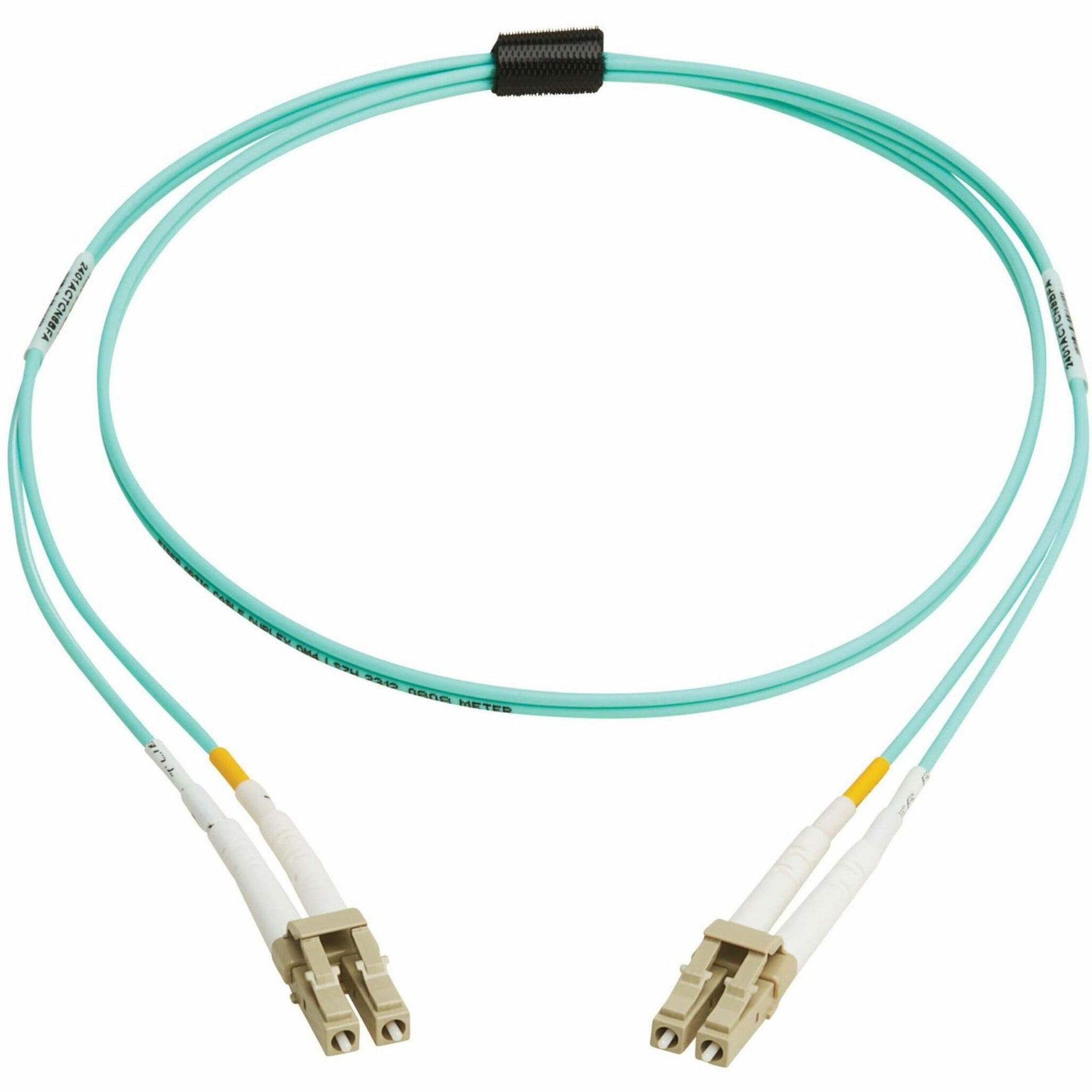 OM4 multimode fiber optic cable with aqua jacket and LC connectors showing full cable length-alternate-image1