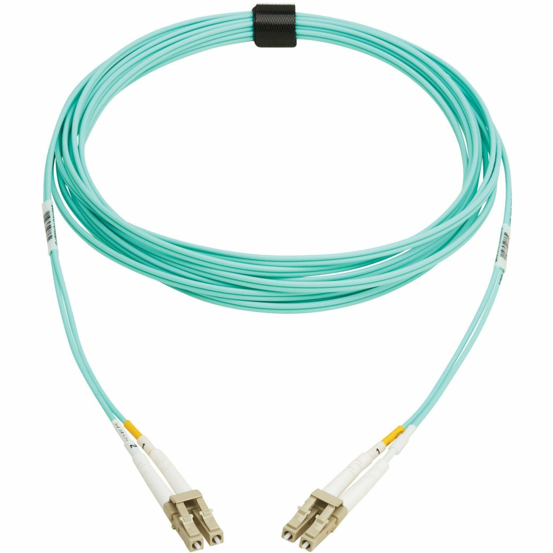 OM4 multimode fiber optic cable with aqua jacket and LC connectors, showing full cable length with strain relief-alternate-image1