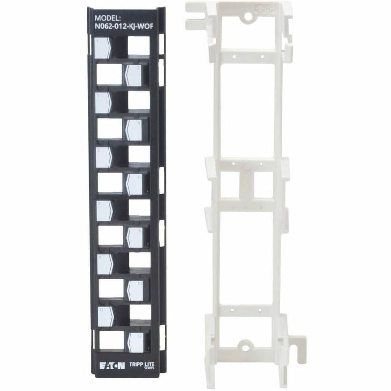 Disassembled view of patch panel showing port frame and mounting bracket