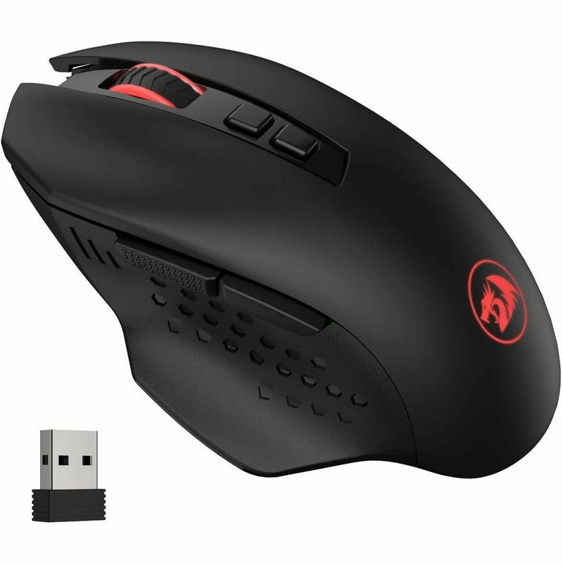 Redragon Gainer M656 wireless gaming mouse with USB nano receiver, showing black design with red accents