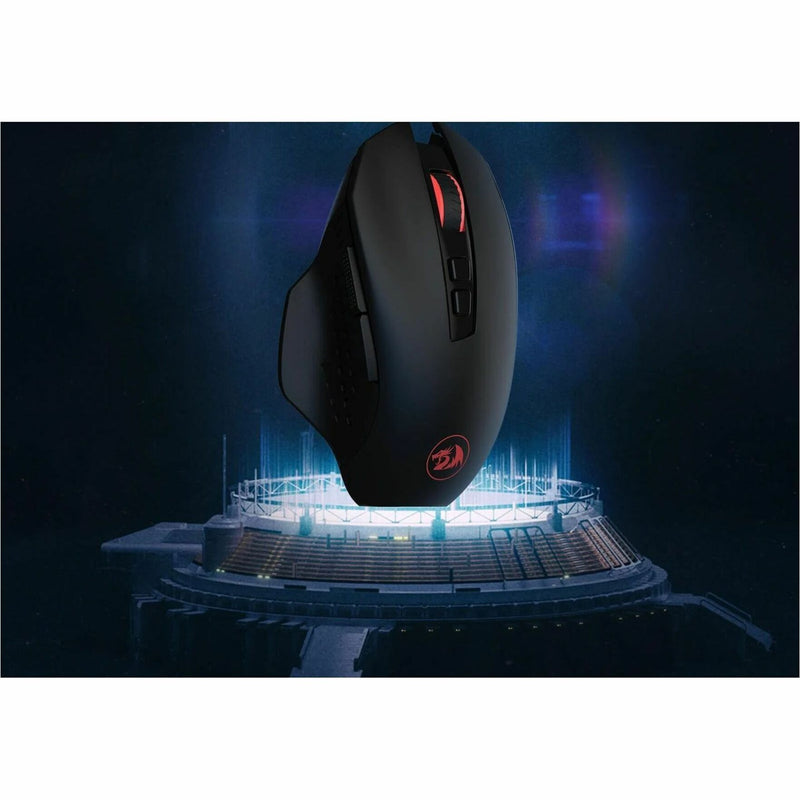 Dramatic presentation of Redragon M656 gaming mouse with stadium background effect