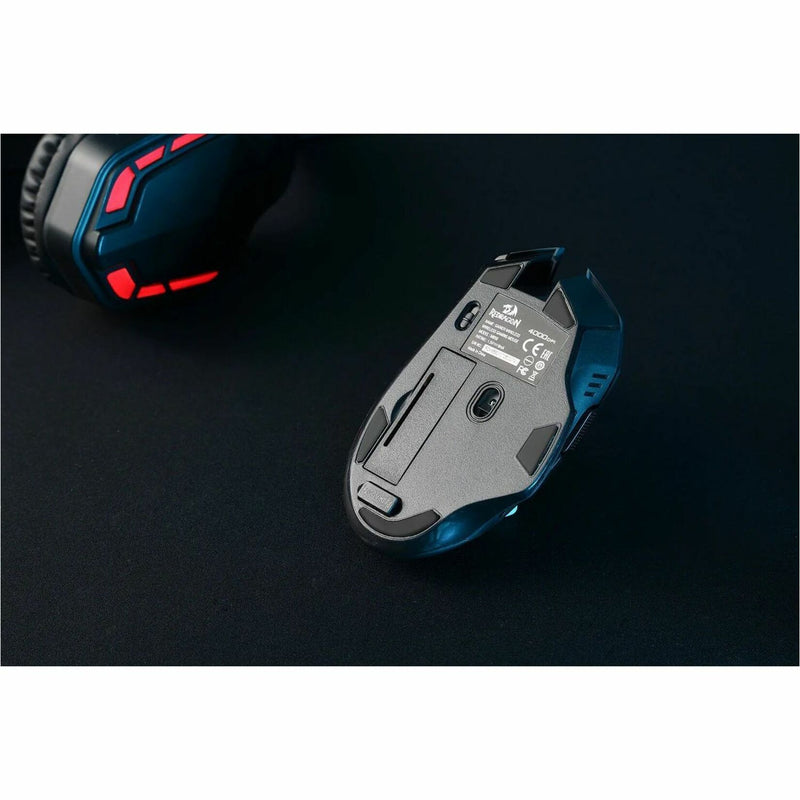 Bottom view of Redragon M656 gaming mouse showing sensor and certification details