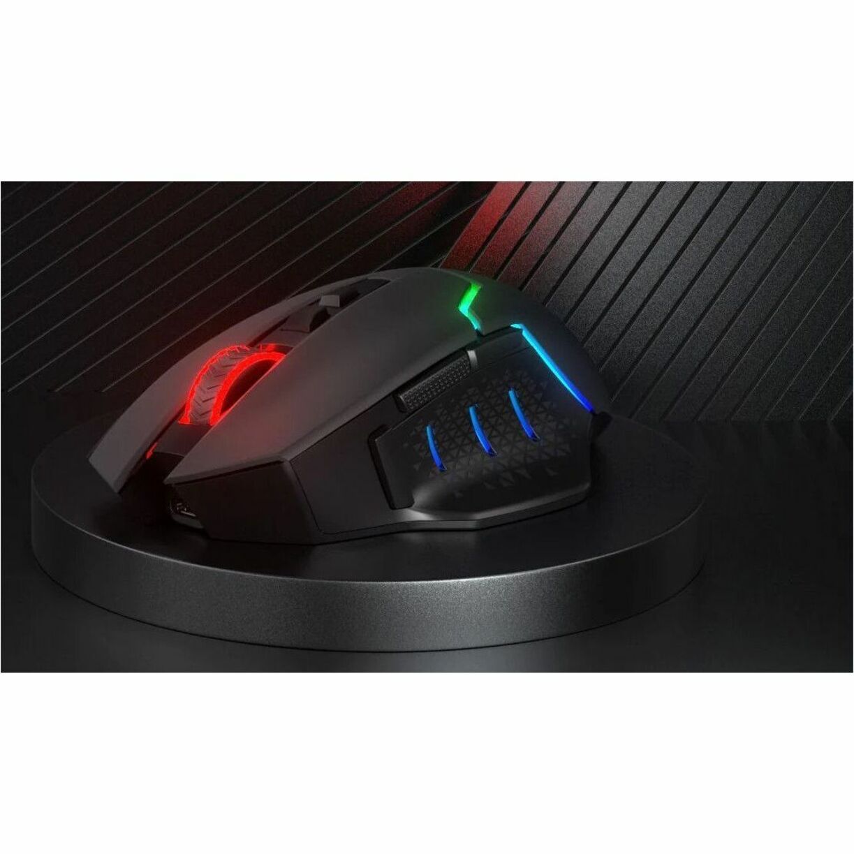 Artistic angle view of Redragon Mirage Pro gaming mouse on elevated platform showing RGB lighting effects-alternate-image6