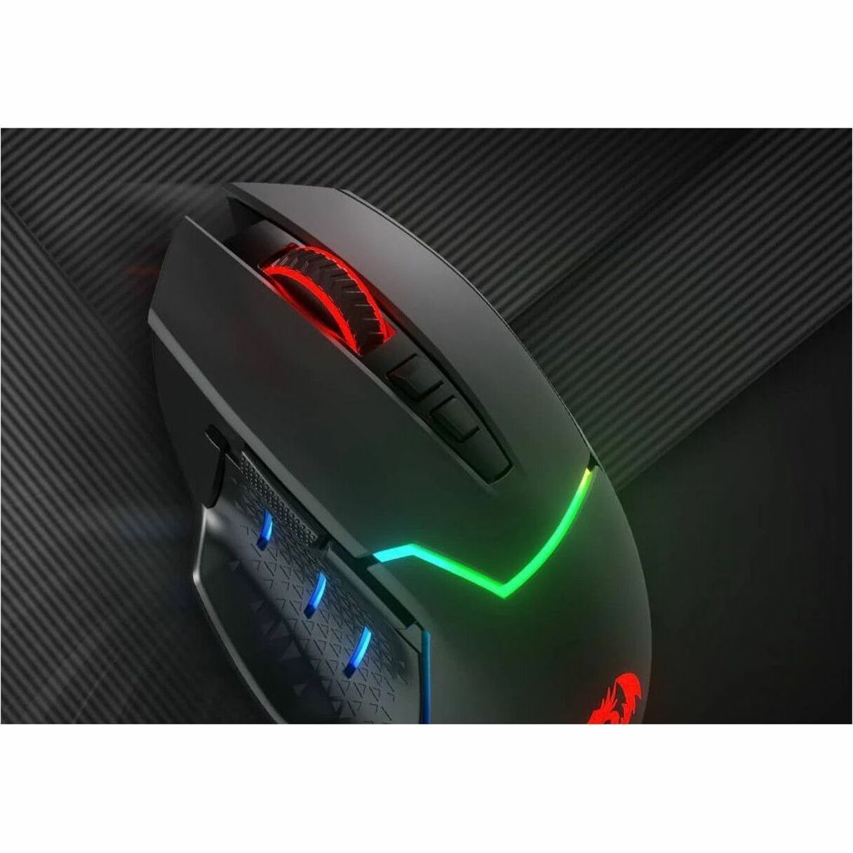 Close-up detail of Redragon Mirage Pro gaming mouse RGB lighting effects and texture pattern-alternate-image4