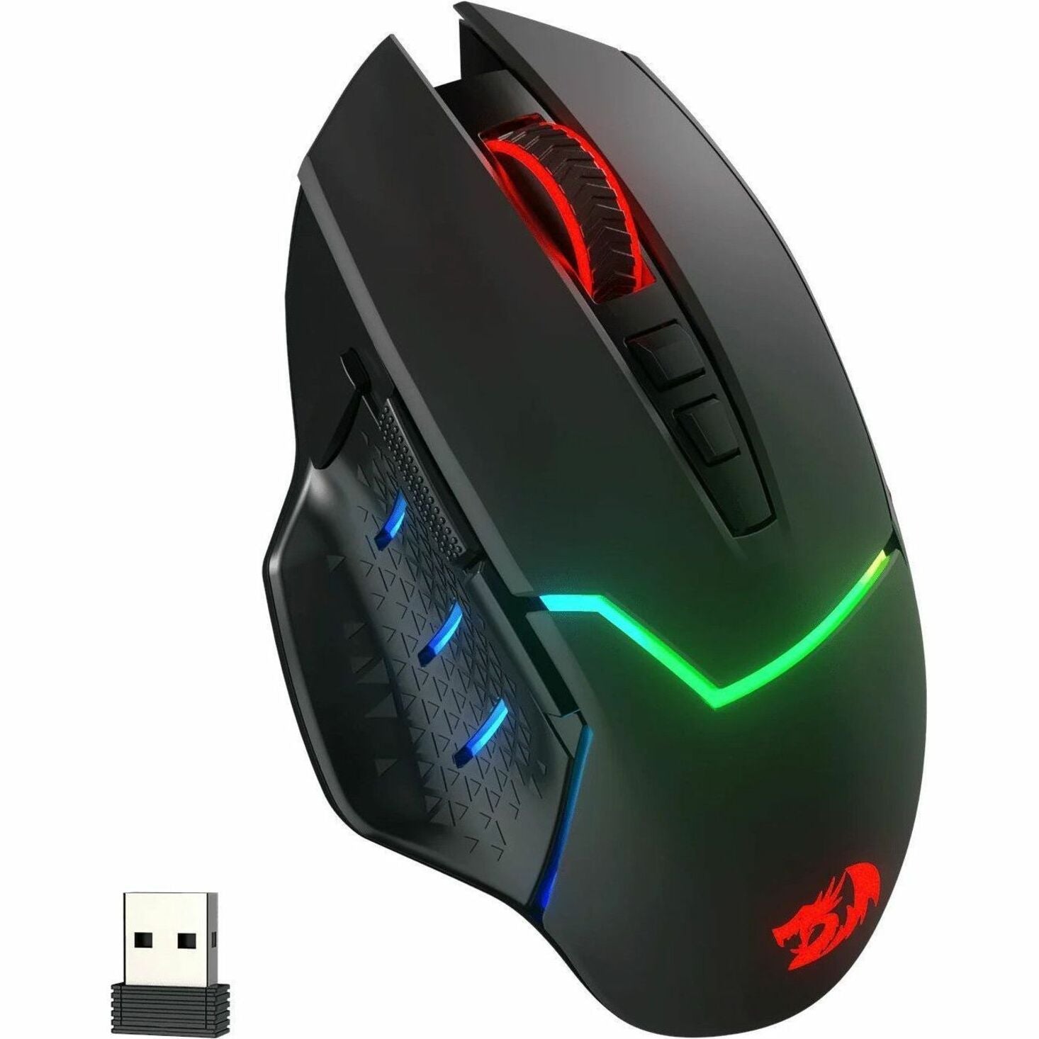 Side view of Redragon Mirage Pro gaming mouse showing programmable buttons and RGB lighting pattern-alternate-image2