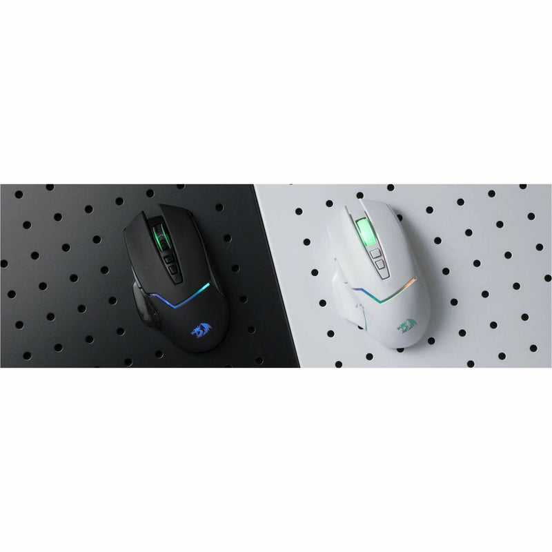 Side-by-side comparison of black and white Redragon Mirage Pro gaming mouse variants