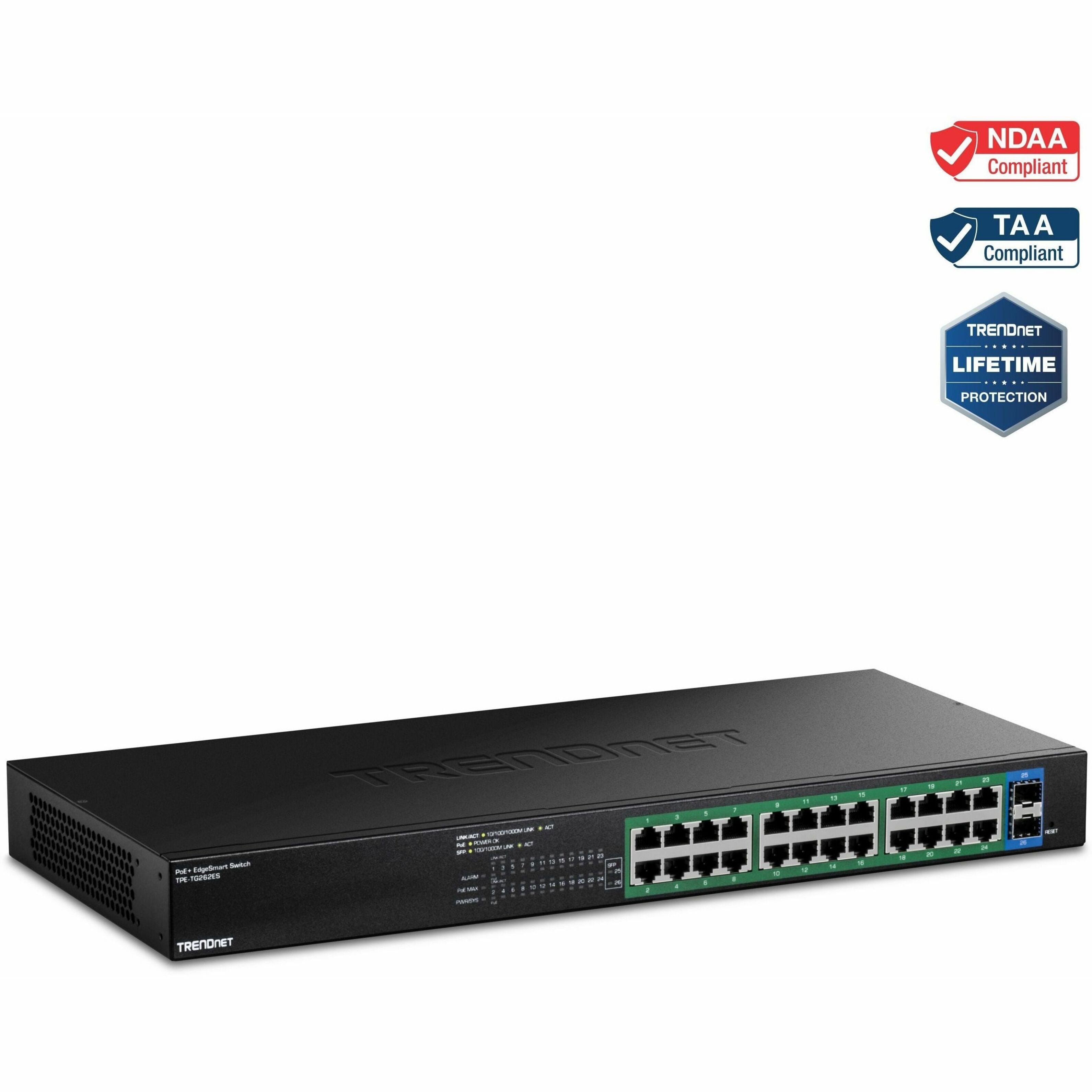 TRENDnet EdgeSmart 26-Port Gigabit PoE+ Ethernet Switch, 24x PoE+ Ports, 2x SFP Slots, 380W PoE Budget, Layer 2 Managed, Rack-mountable 1U - TPE-TG262ES (1 Year Warranty)