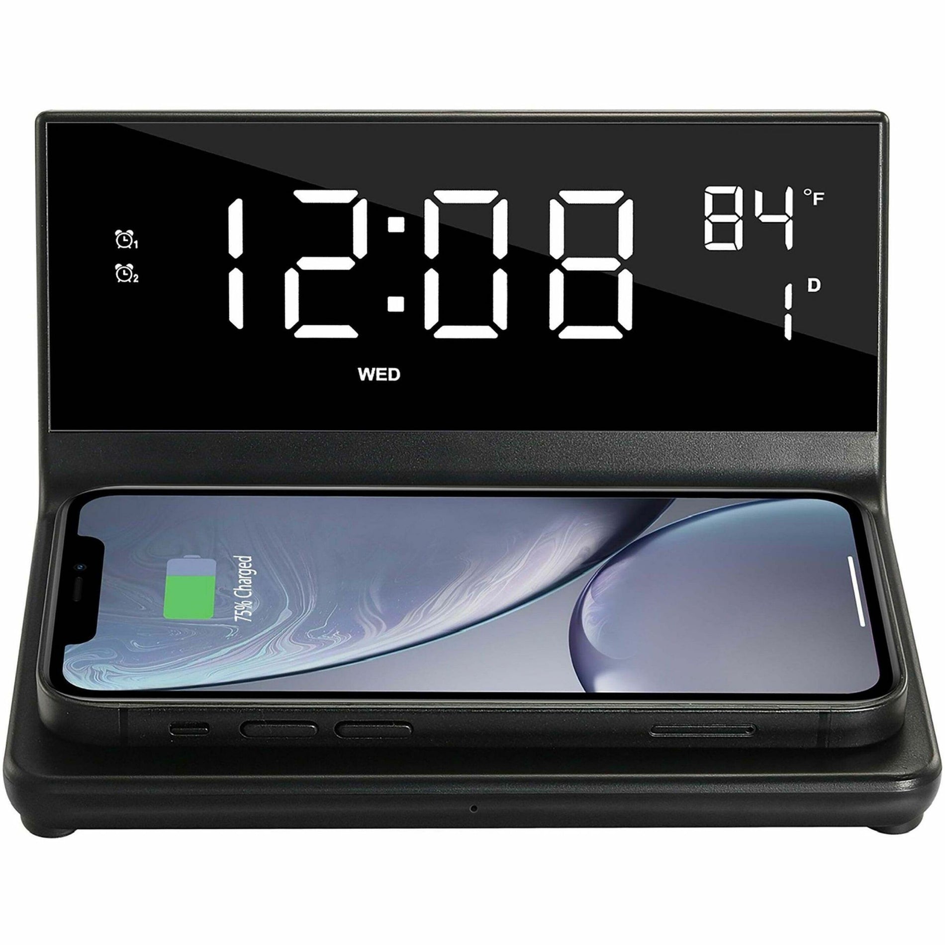 Digital alarm clock with LED display showing time and wireless charging pad with smartphone charging-alternate-image1