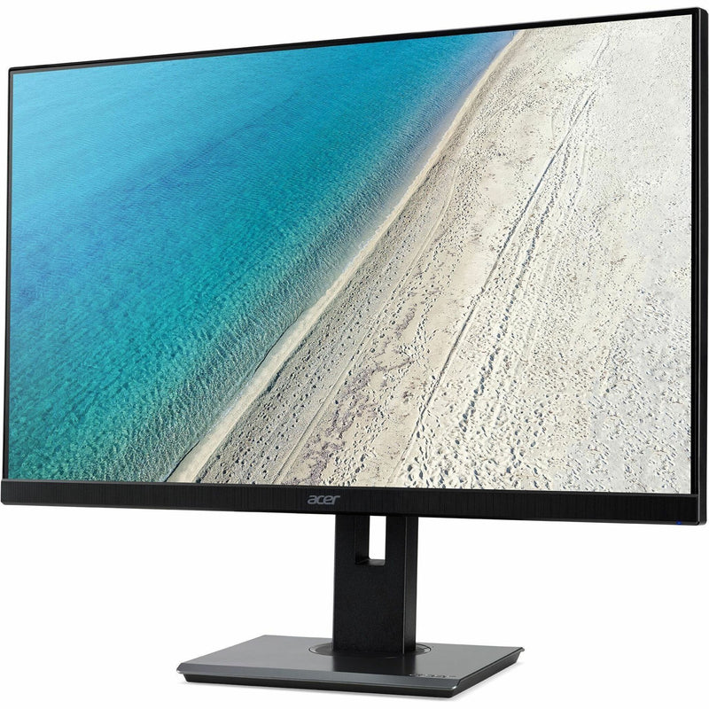 Front view of Acer B247Y monitor displaying vibrant beach scene with turquoise water and white sand