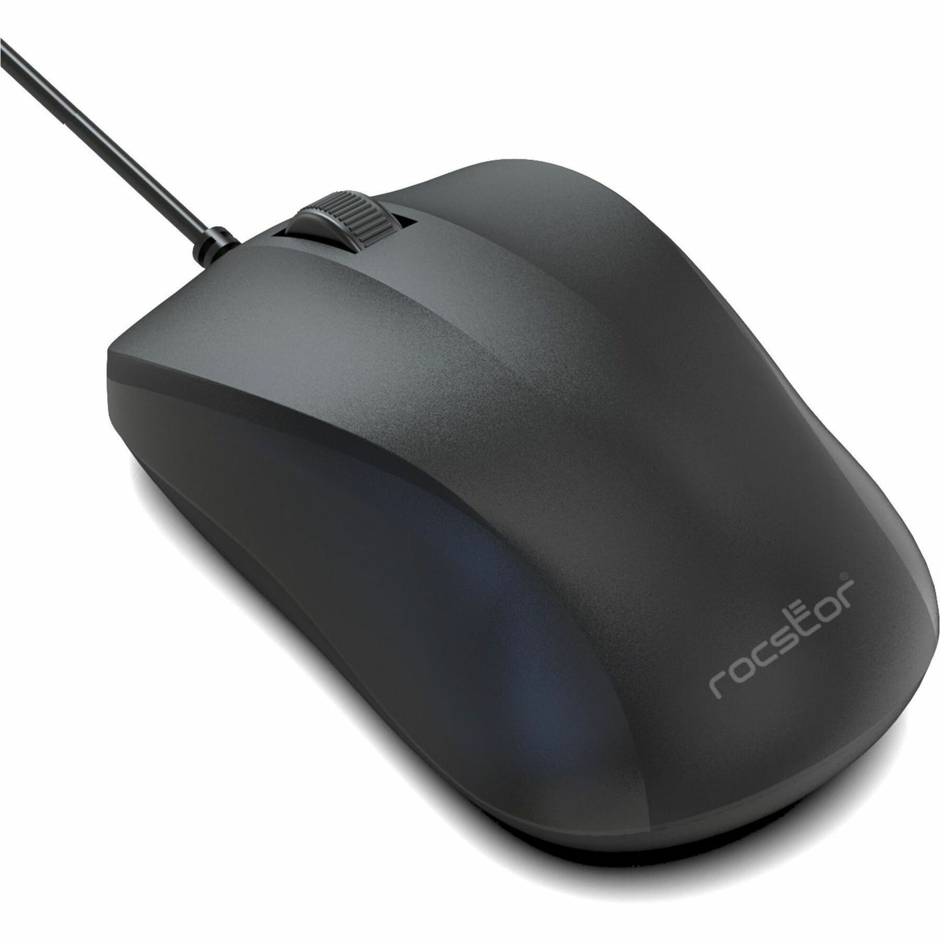 Angled view of Rocstor QM1 mouse showing ergonomic curves and scroll wheel detail-alternate-image2