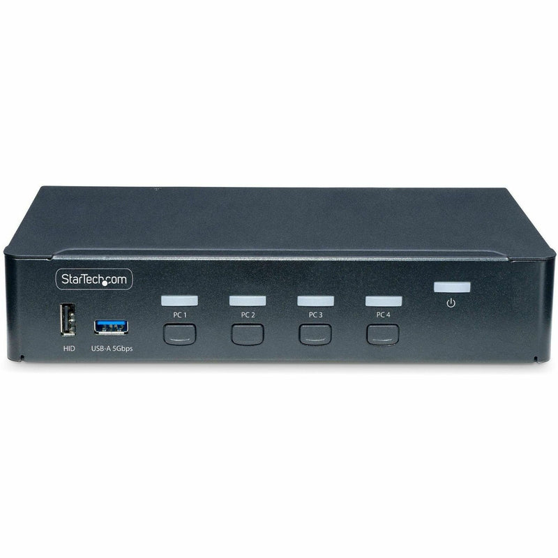 Angled front view of KVM switch showing ergonomic design and controls