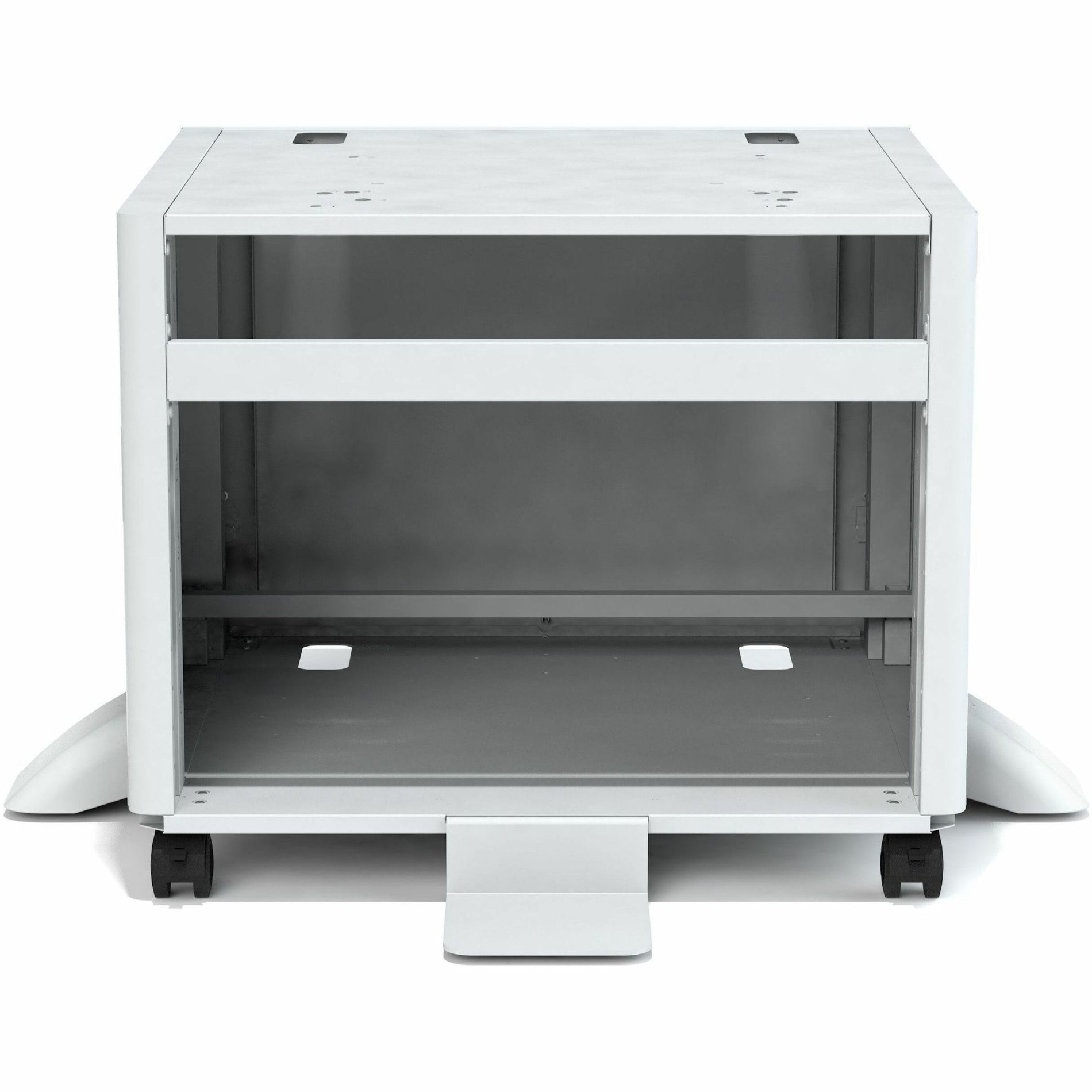 Front view of Xerox printer stand showing open storage compartments and caster wheels-alternate-image1