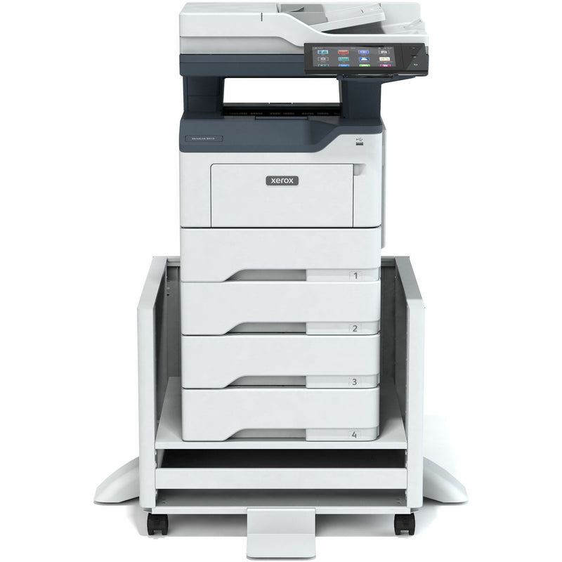 Xerox printer mounted on adjustable stand with multiple paper trays installed