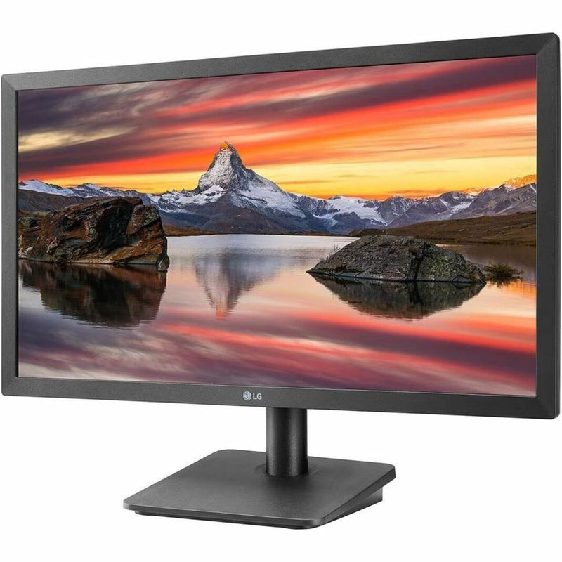 Front view of LG 22BR410-B monitor displaying mountain landscape with vivid sunset colors