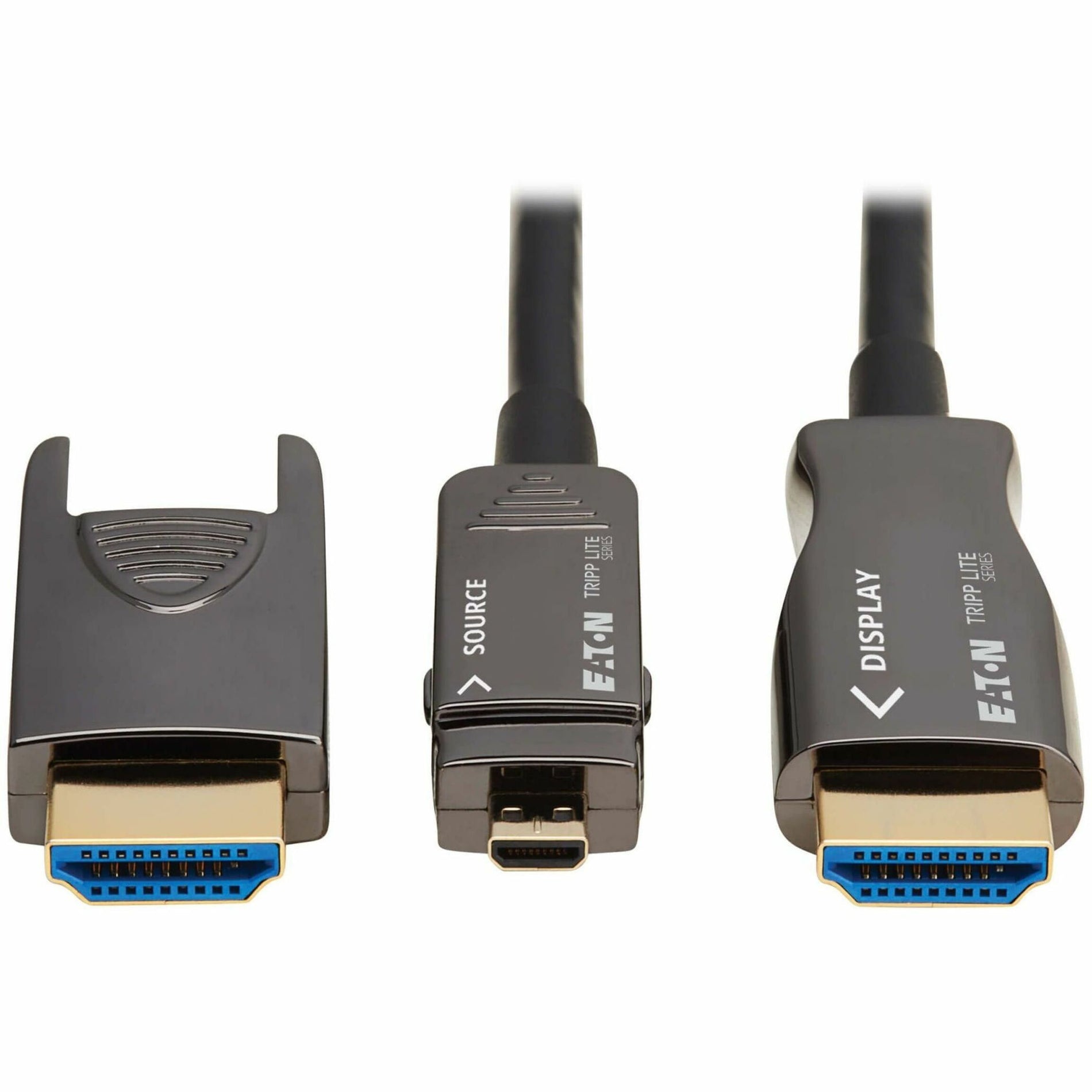 Close-up view of three HDMI connectors showing gold-plated contacts and directional labeling-alternate-image1