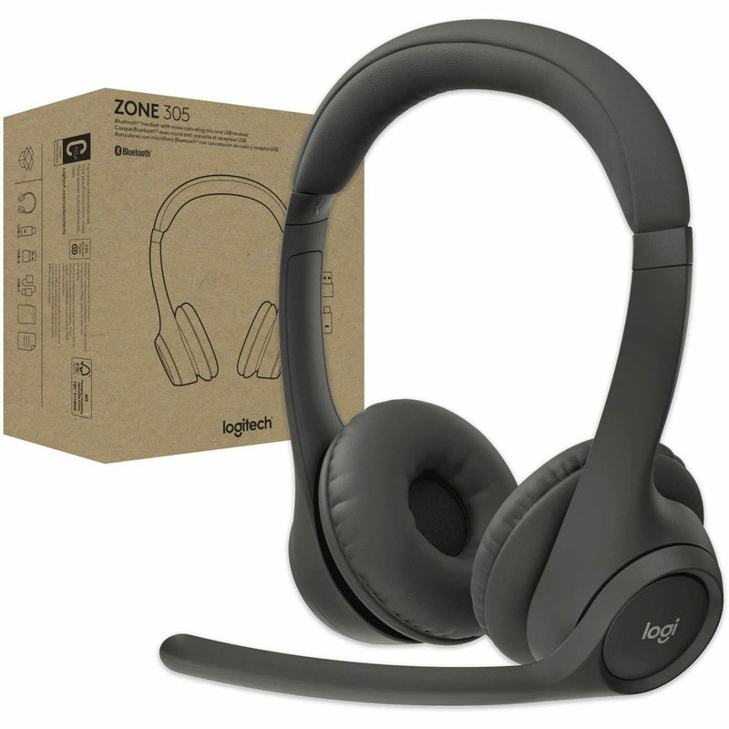 Logitech Zone 305 wireless headset in black with eco-friendly packaging