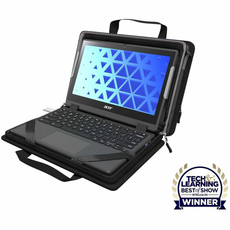 MAXCases Explorer 5 Work-In Case shown with Acer Chromebook, featuring protective frame and carrying handles, with Tech & Learning Best of Show award badge