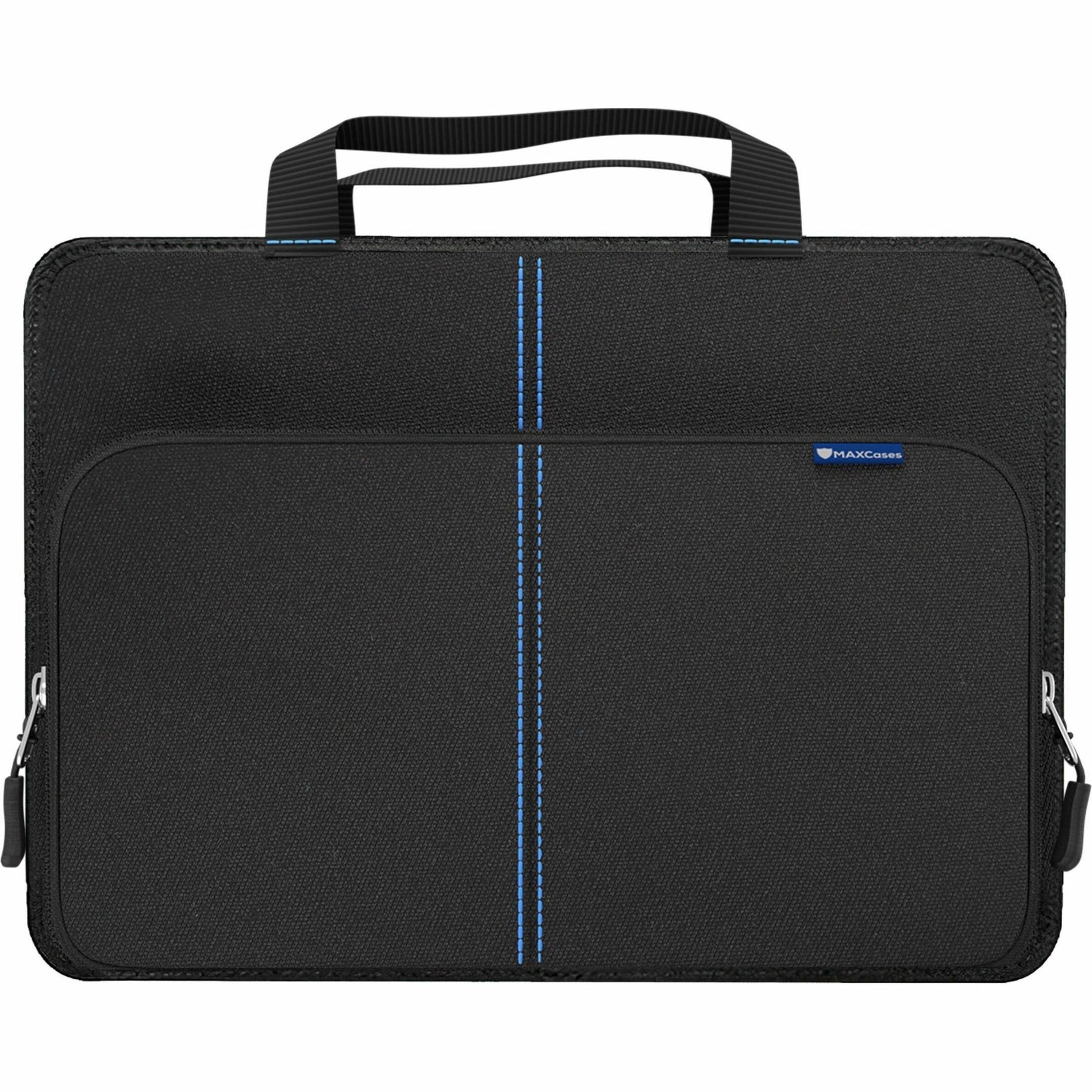 Front view of black MAXCases Explorer case showing blue accent stitching and durable exterior construction-alternate-image2