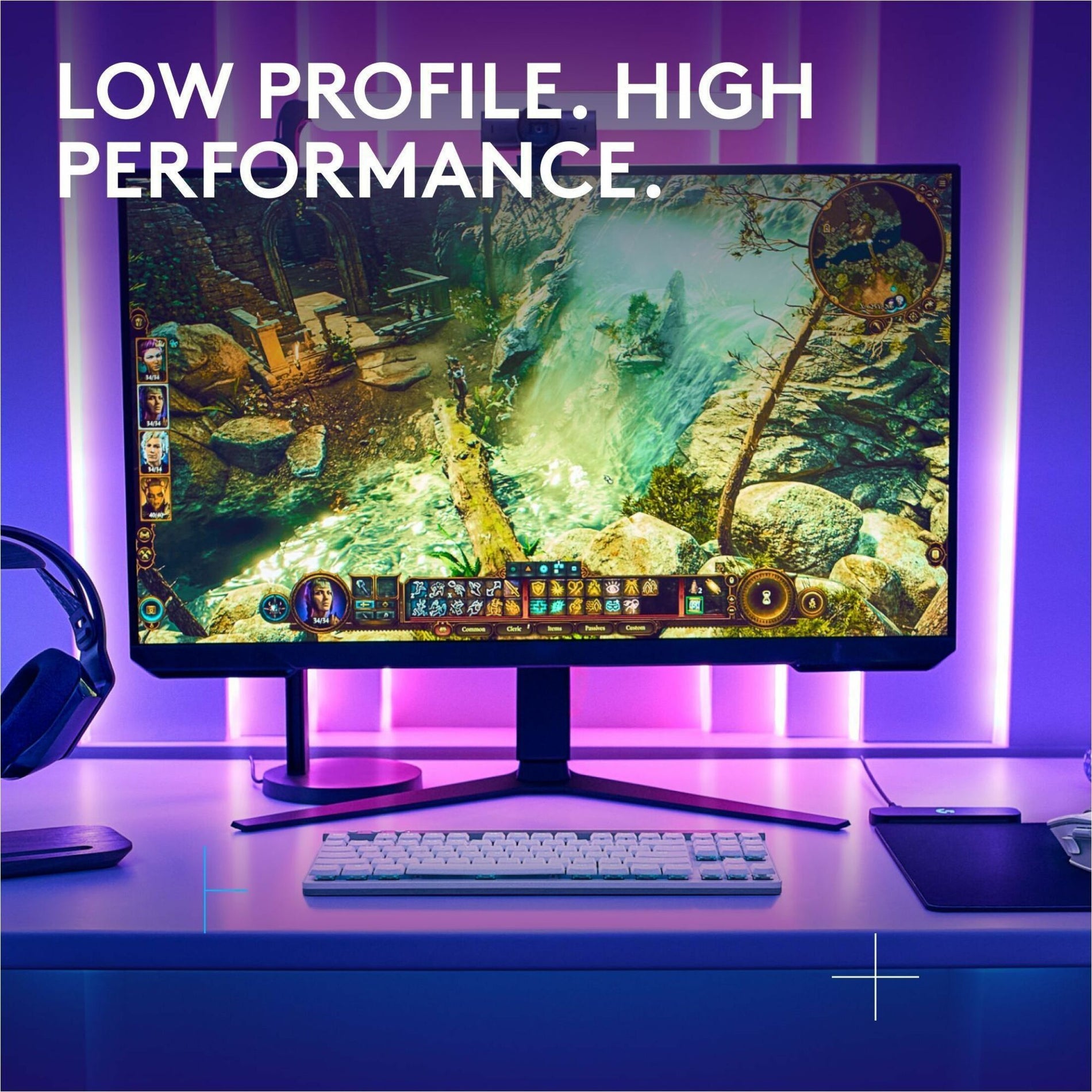 Gaming setup featuring the G515 keyboard with a fantasy game displayed on screen in purple ambient lighting-alternate-image2