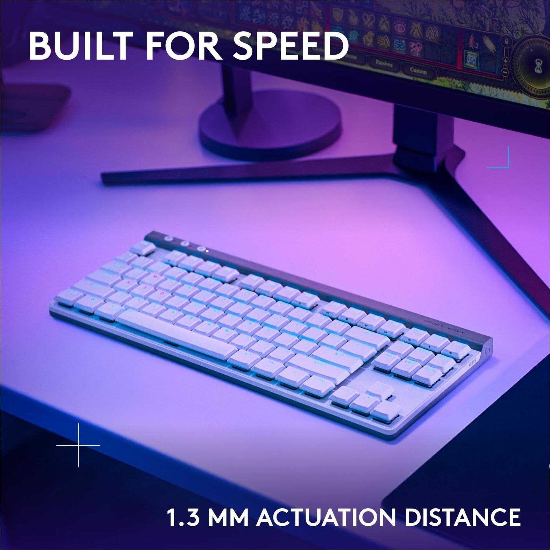 Close-up of G515 keyboard highlighting the 1.3mm actuation distance feature with purple ambient lighting-alternate-image3