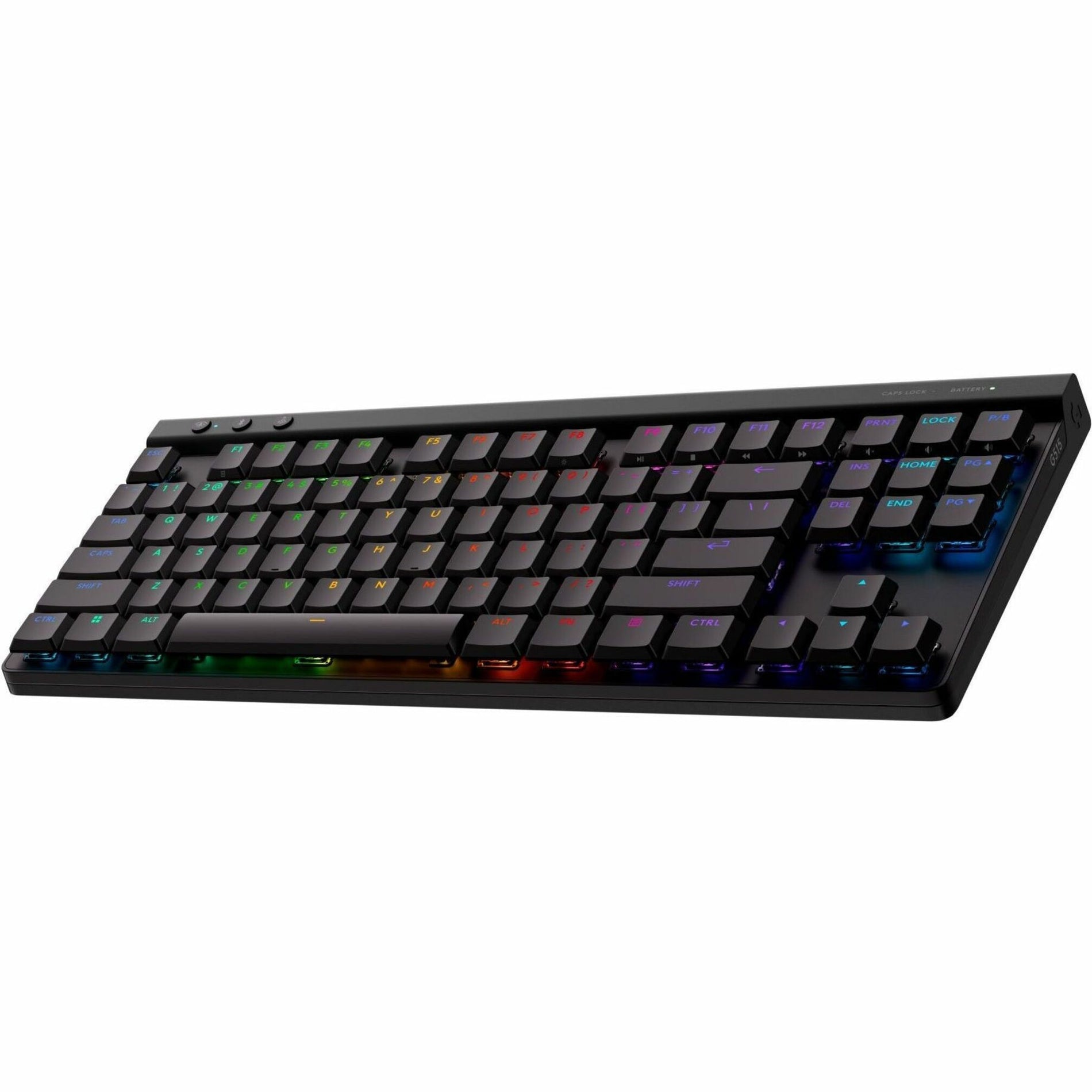 Logitech G515 TKL gaming keyboard with RGB backlit keys in angled view showing full layout-alternate-image1