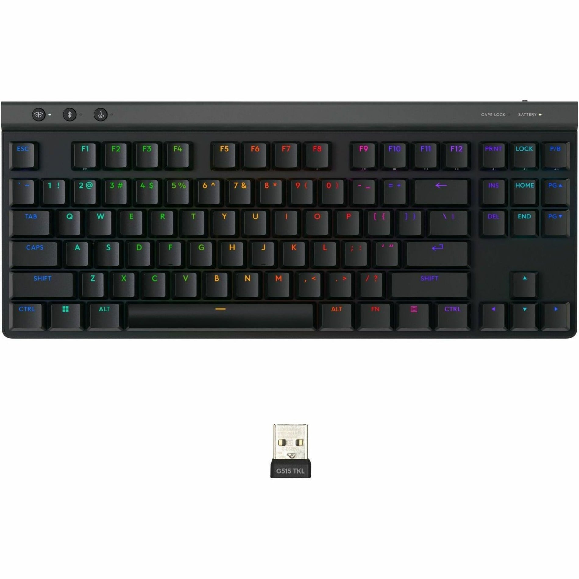 Top view of Logitech G515 TKL keyboard with USB receiver shown below-alternate-image2