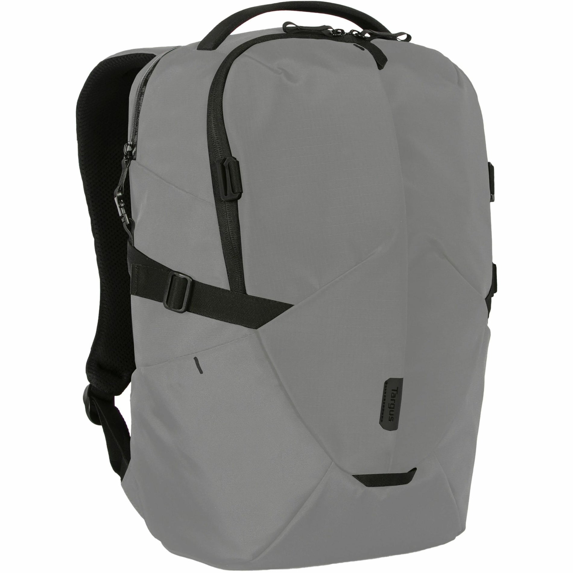 Front view of gray Terra EcoSmart backpack showing geometric panel design and security features-alternate-image1