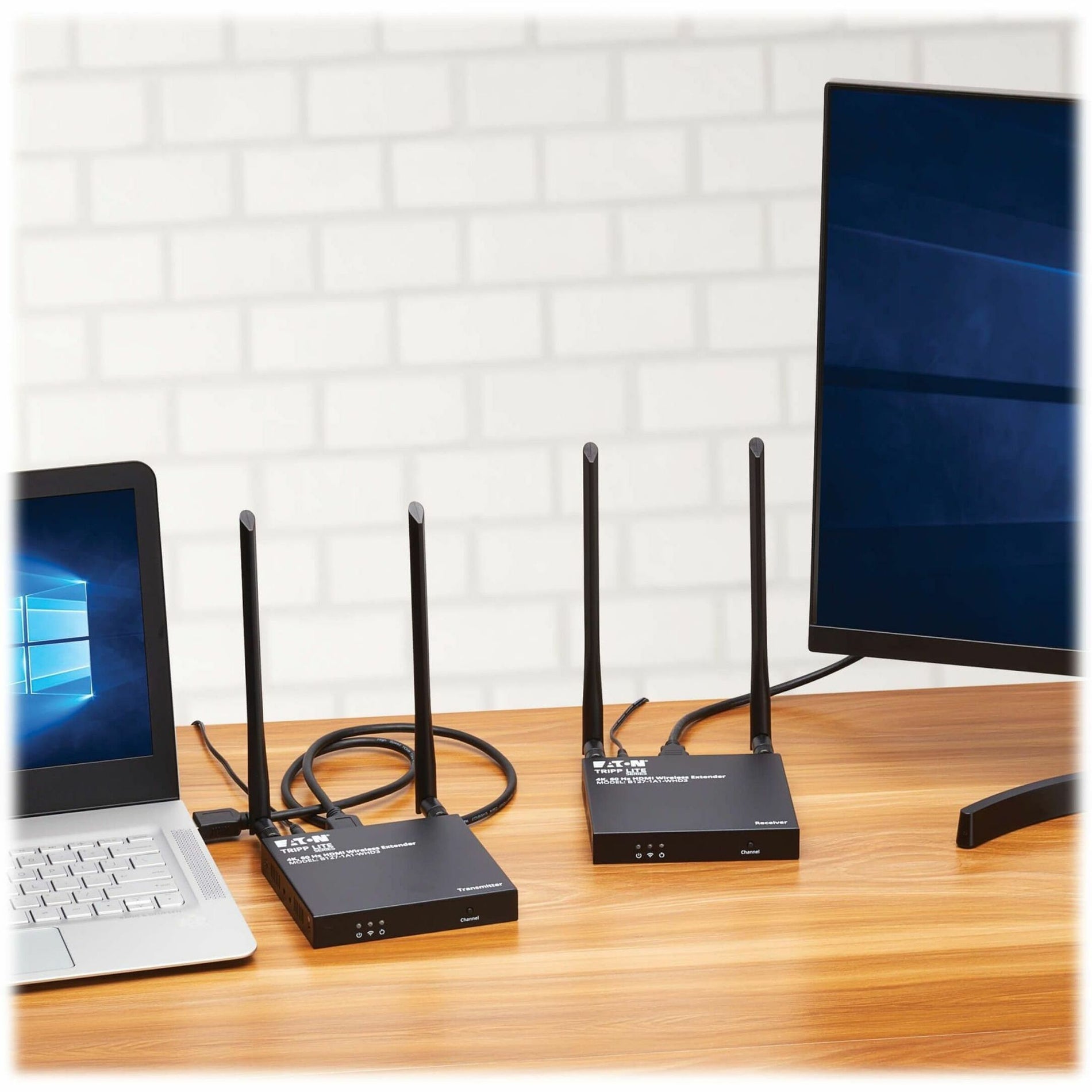 HDMI extender kit shown in actual office setup connecting laptop to display-alternate-image9