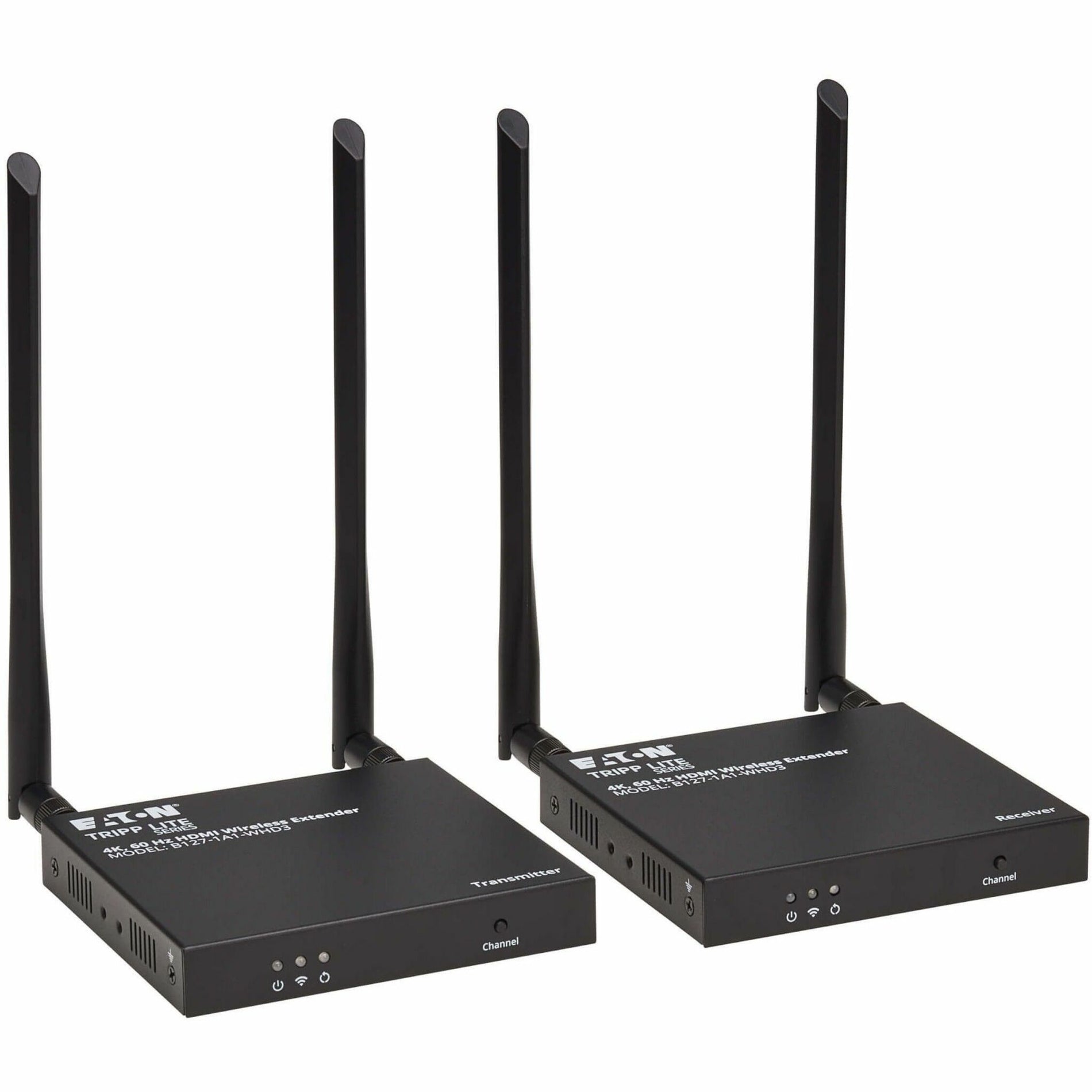 Front view of Tripp Lite wireless HDMI extender kit showing transmitter and receiver units with dual antennas-alternate-image1