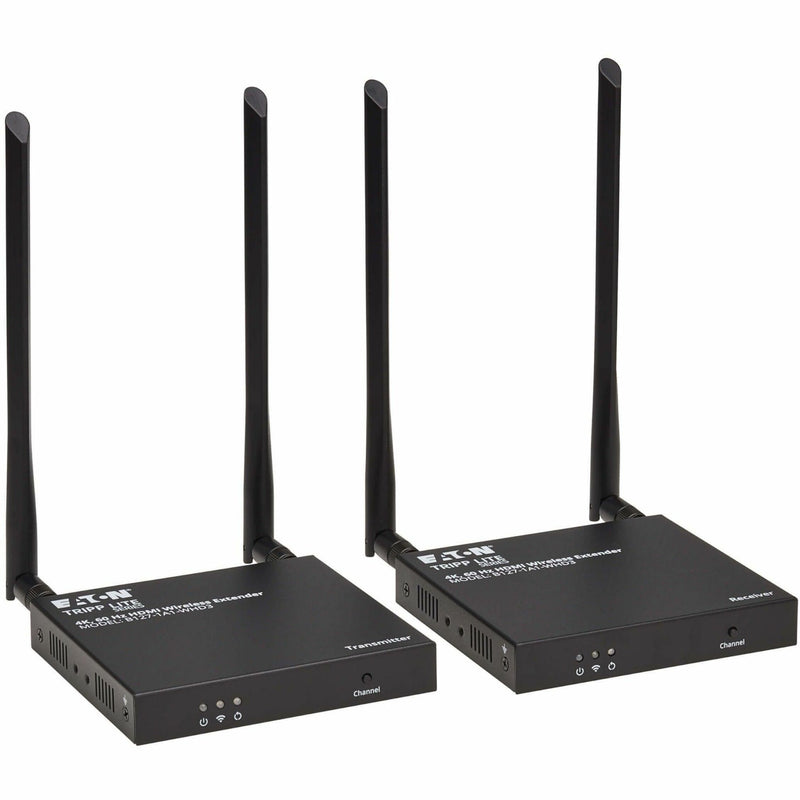 Front view of Tripp Lite wireless HDMI extender kit showing transmitter and receiver units with dual antennas