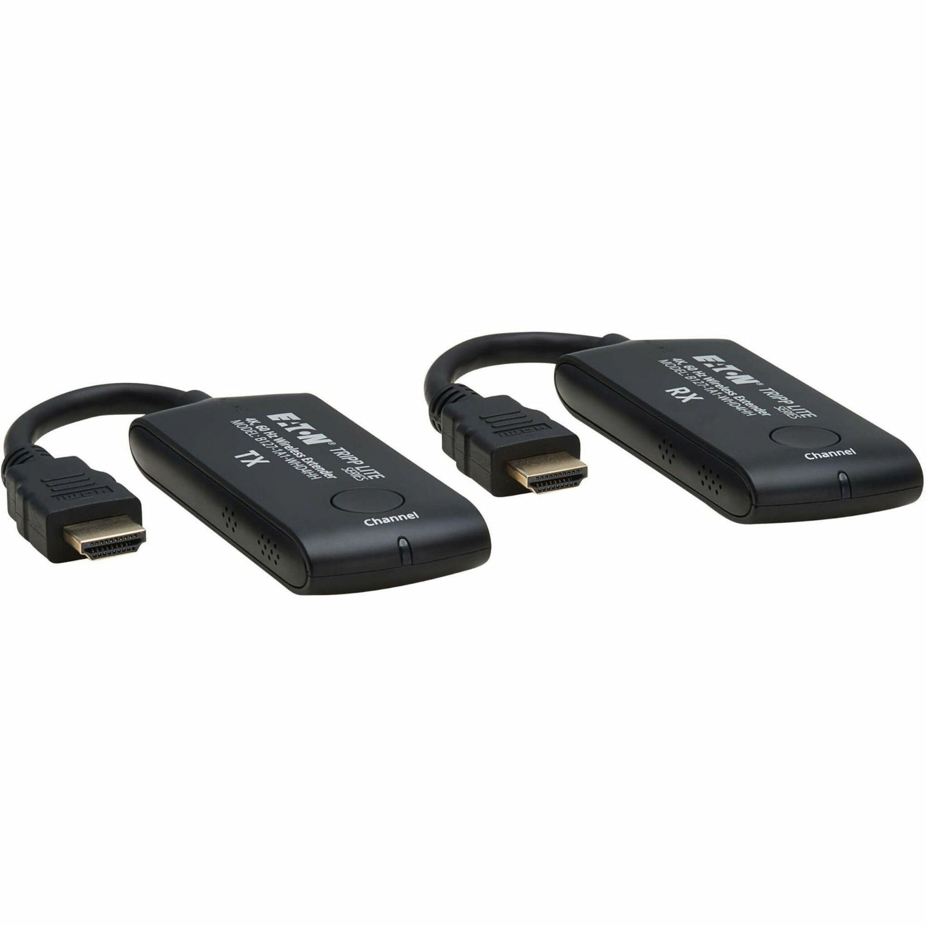 Side view of two black Tripp Lite wireless HDMI extender units with HDMI connectors-alternate-image1