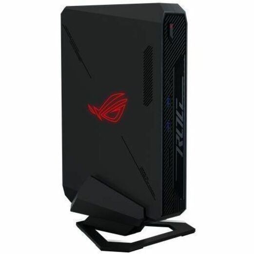 ROG NUC mini PC in vertical position with stand showing side profile and cooling vents-alternate-image3