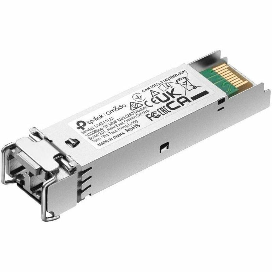 TP-Link SM311LM Gigabit SFP fiber optic module with multi-mode LC interface shown in silver metallic housing with product specifications printed on top-alternate-image1