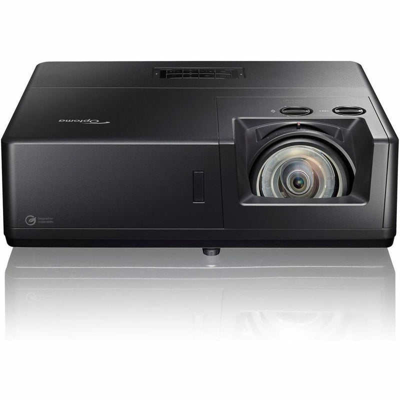 Front view of Optoma ZK608TST 4K UHD laser projector in black with short throw lens