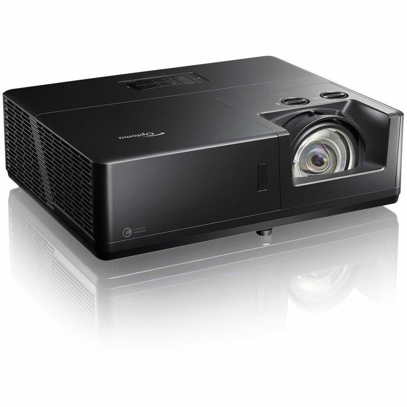 Three-quarter view of Optoma ZK608TST projector showing cooling vents and lens design