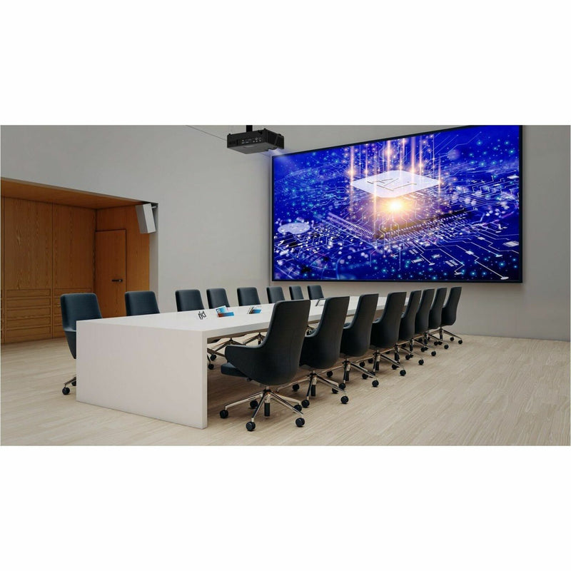 Conference room setup showing Optoma ZK608TST projector mounted on ceiling with large screen display