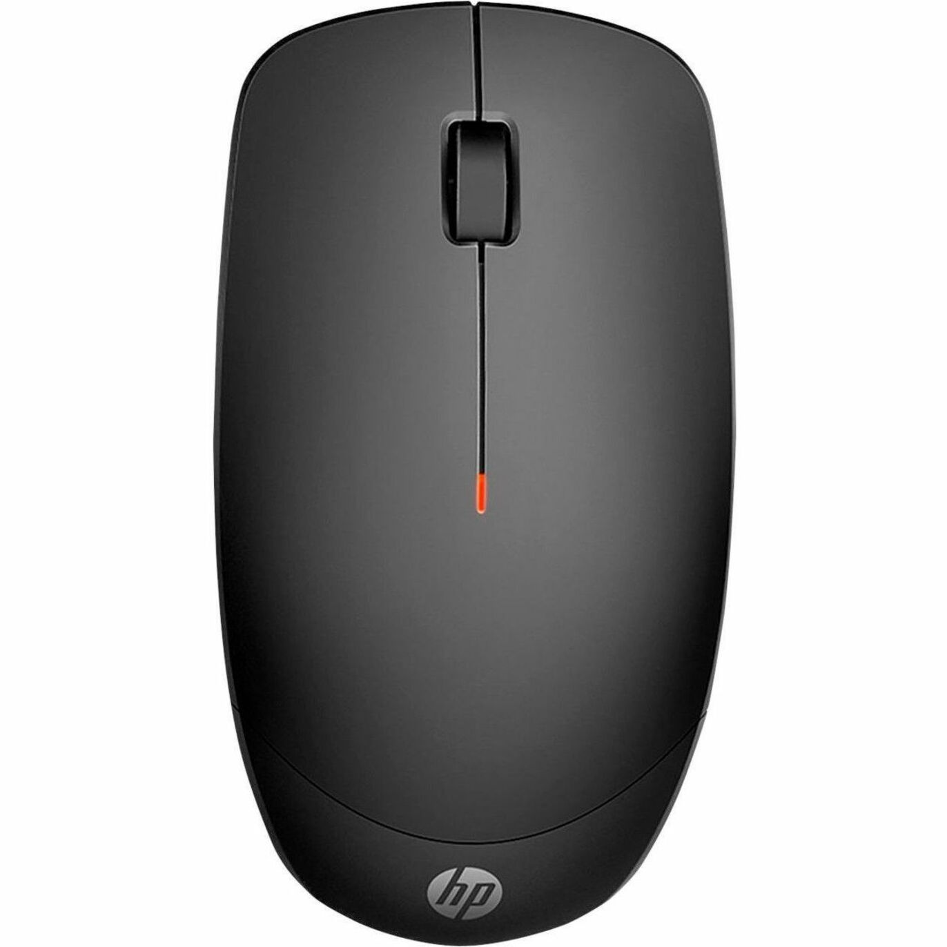 Top view of the HP 235 Slim Wireless Mouse showing sleek black design with orange LED indicator-alternate-image1