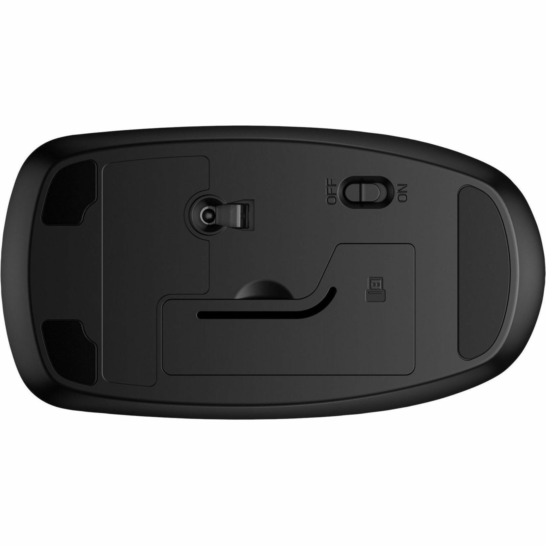 Bottom view of HP 235 Slim Wireless Mouse showing battery compartment and power switch-alternate-image2