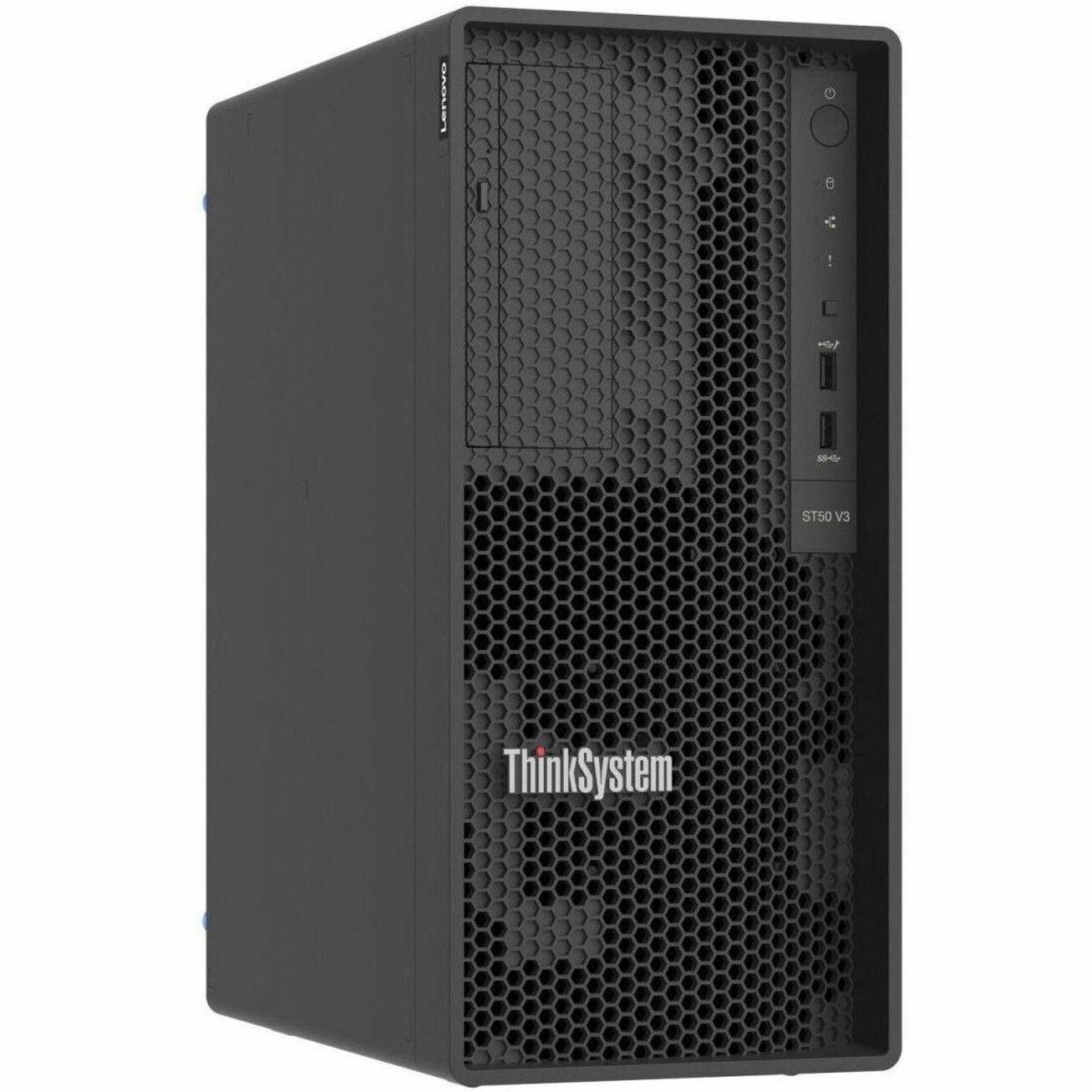 Front three-quarter view of Lenovo ThinkSystem ST50 V3 tower server showing honeycomb ventilation pattern and front I/O ports-alternate-image1