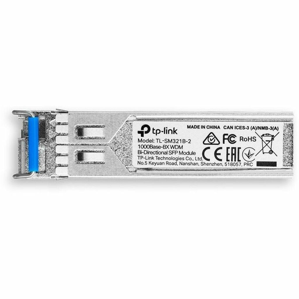 Top view of TP-Link SM321B-2 SFP module showing product specifications and certification markings-alternate-image2